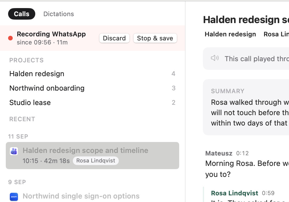 The sidebar with a red Recording WhatsApp banner, Discard and Stop and save buttons